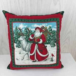 Vtg Santa Father Christmas Cotton Fabric Panel Pillow winter Christmas trees